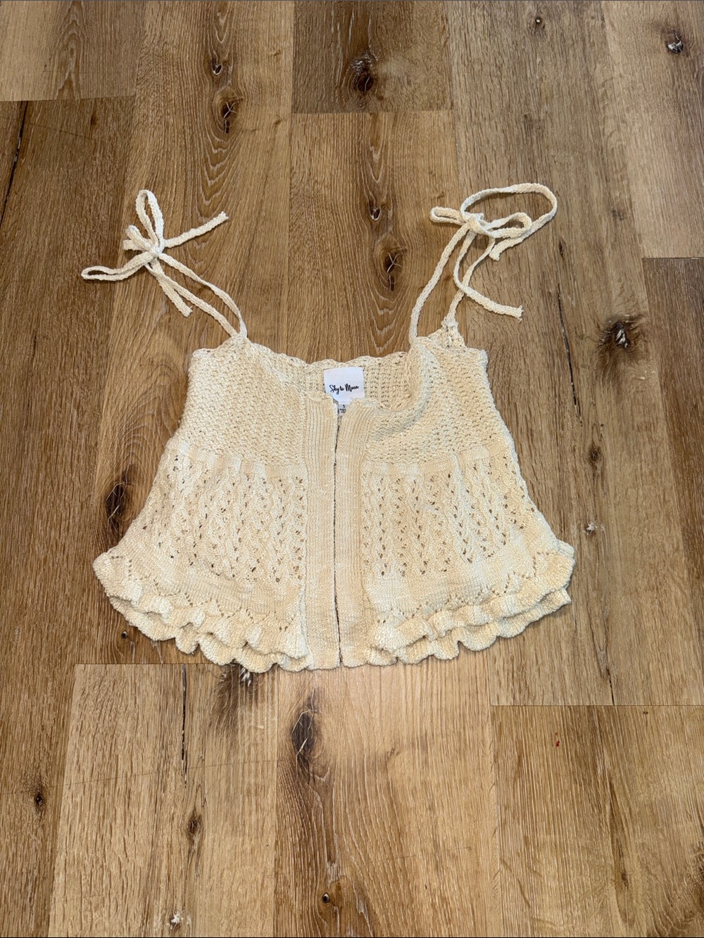 Tie-Shoulder Eyelet Knit Cropped Tank in Cream
